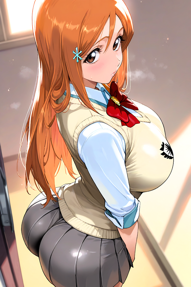 ai generated, ass, ass bigger than head, big ass, big breasts, bleach, bleach: the thousand-year blood war, breasts, female, female only, from behind, inoue orihime, large ass, large breasts, looking at viewer, orange hair, seductive, seductive look, standing