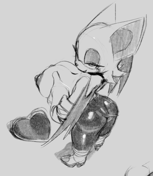 1girls, alternate breast size, animal ears, animal nose, anthro, ass, bat ears, bat girl, bat wings, bodysuit, boots, breast hold, breast plate, breasts, breasts out, elbow gloves, eyeshadow, female, from above, from behind, full body, furry, furry female, gloves, grabbing, grey background, half-closed eye, half-closed eyes, high heels, huge breasts, large breasts, latex, looking at viewer, looking back, makeup, mammal, naughty face, nipples, plate armor, rouge the bat, seductive smile, shiny clothes, short hair, simple background, smile, solo, sonic (series), sonic the hedgehog (series), standing, tail, thehumancopier, thick thighs, thighs, topless, wings