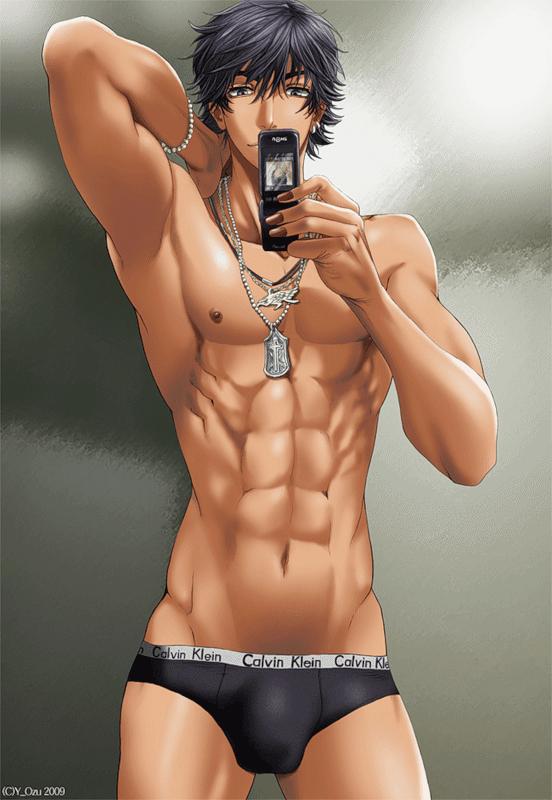 1boy, abs, arms behind head, arms up, black hair, black underwear, bracelet, briefs, brown nipples, bulge, calvin klein, closed mouth, clothes, color, ear piercing, eight pack, front view, hair, hand on neck, holding, holding phone, human, human only, jewelry, male, male only, muscles, muscular, muscular male, navel, necklace, nipples, open eyes, phone, picture, piercing, selfie, short hair, six pack, solo, standing, taking photo, tan skin, text, toned, toned body, toned male, topless, uncensored, underwear, y ozu