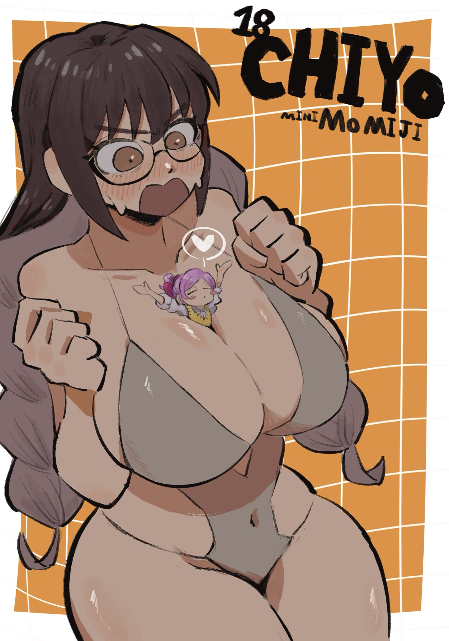 aged up, ajikenai, artist request, black hair, blush, embarrassed, glasses, hi res, highres, iin chiyo, kimi no koto ga dai dai dai dai daisuki na 100-nin no kanojo, large breasts, momi momiji, purple hair, shrunk, shrunken female, swimsuit
