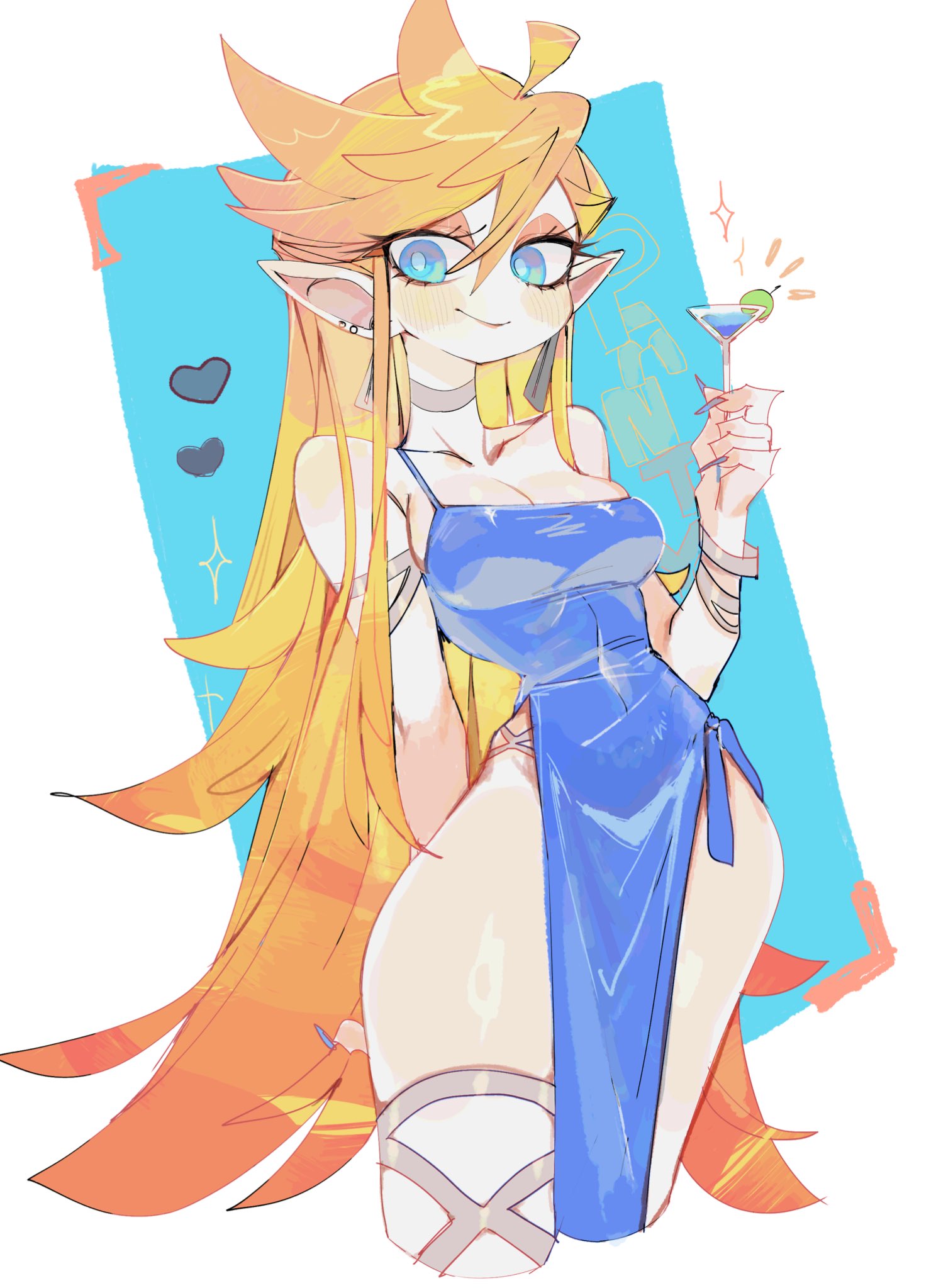1girls, blonde hair, blue eyes, blush, blushing, bottom heavy, breasts, choker, cleavage, clothed, clothing, cocktail, dress, earrings, female, female only, hourglass figure, long hair, medium breasts, no panties, panty & stocking with garterbelt, panty anarchy, pelvic curtain, pointy ears, shiny skin, slim waist, solo, solo female, standing, text, thick, thick thighs, thighs, tight clothing, usa37107692, very long hair, white background, wide hips