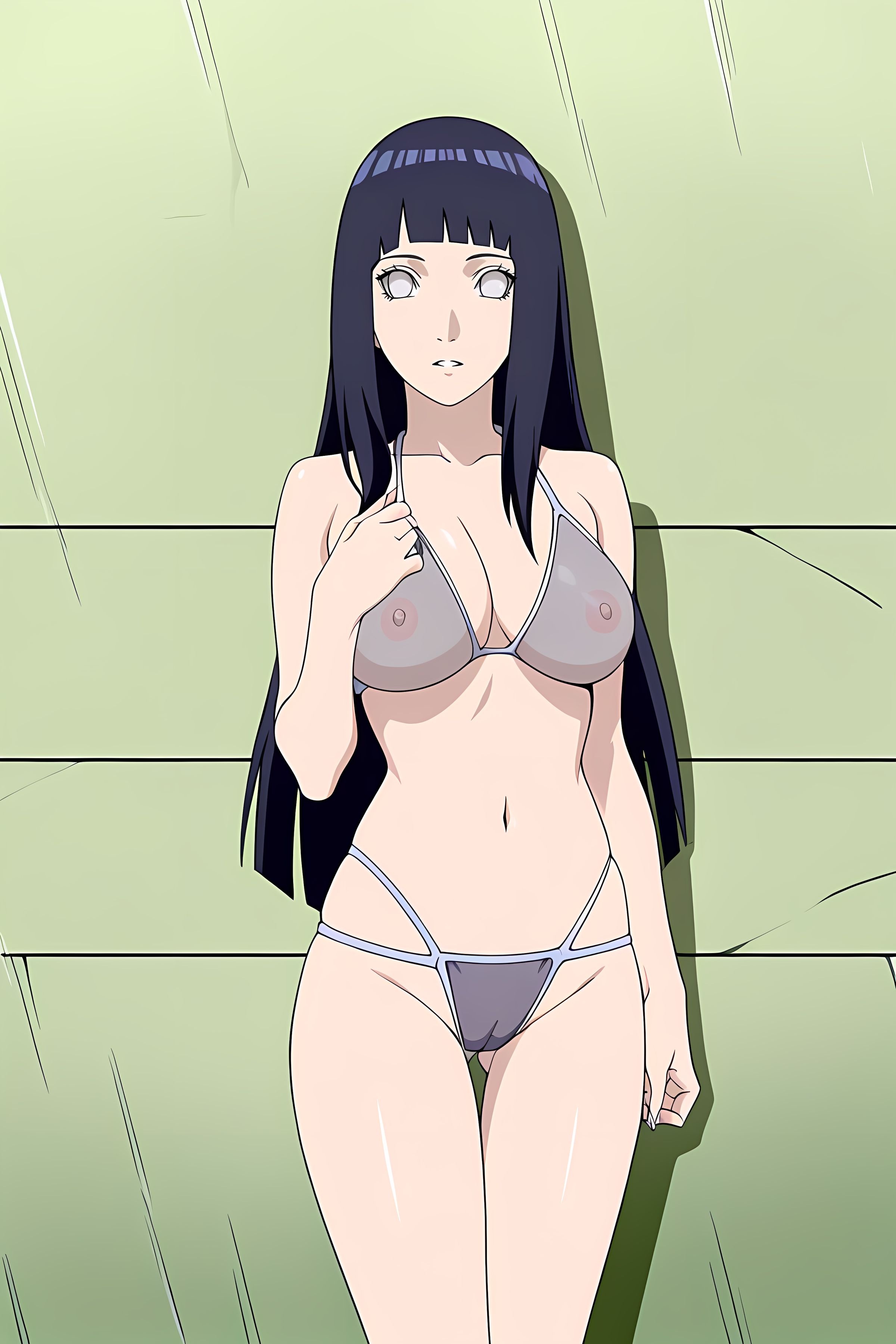 ai generated, bikini, black hair, butt from the front, grey eyes, hyuuga hinata, large breasts, long hair, naruto, naruto (series), naruto shippuden, pink nipples, see-through clothing, shaved pussy, surprised, thigh gap, thighs