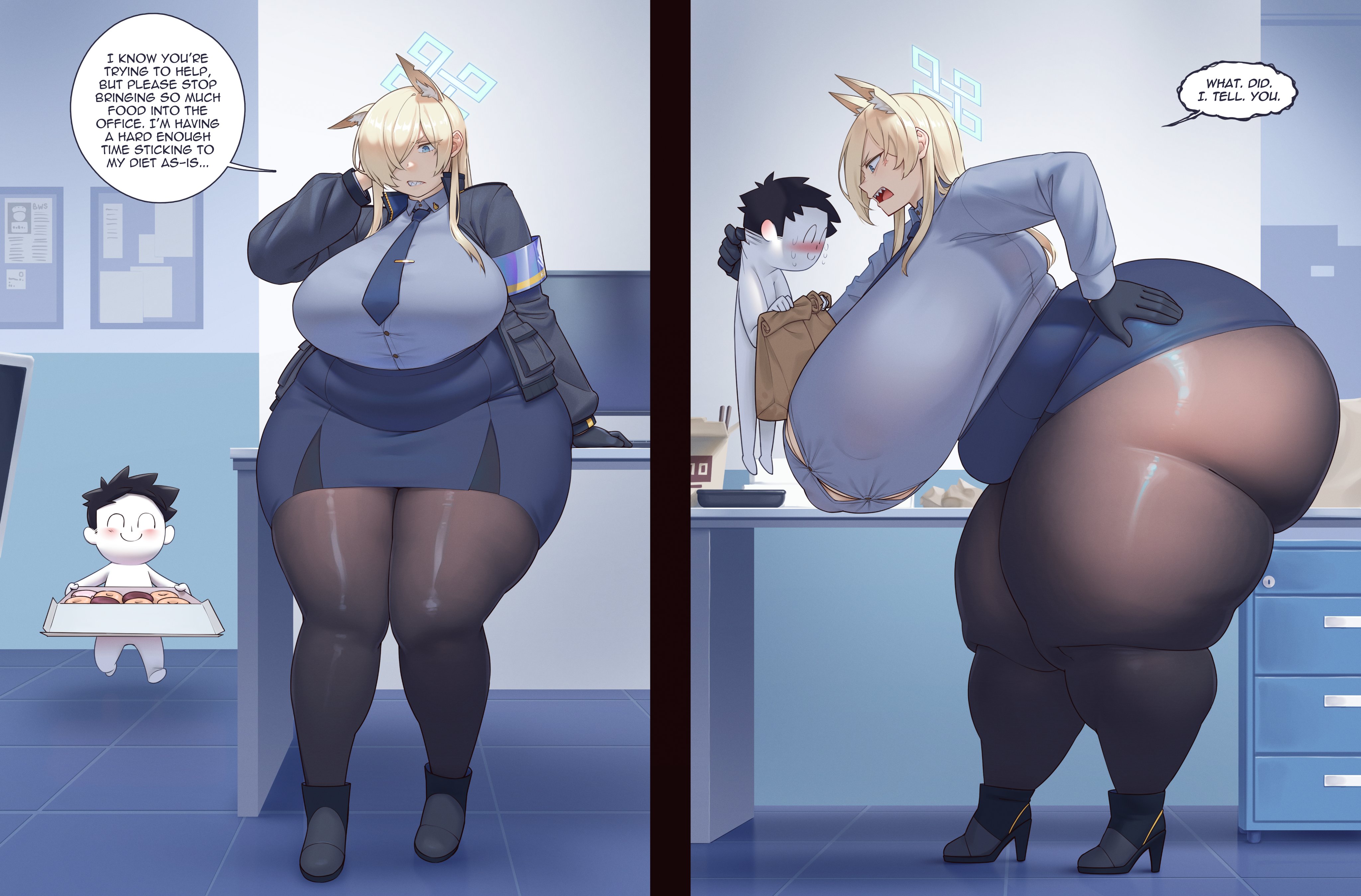 1boy, 1girls, angry, ass, better with salt, big ass, big breasts, big butt, bigger female, blonde female, blonde hair, blonde-haired female, blue archive, breasts, chubby, chubby female, clothed, clothed male nude female, donuts, fat, fat female, kanna (blue archive), large ass, large boobs, large breasts, large butt, larger female, light skin, light-skinned female, sensei (blue archive), shorter male, smaller male, temptation, tempting, tempting fate