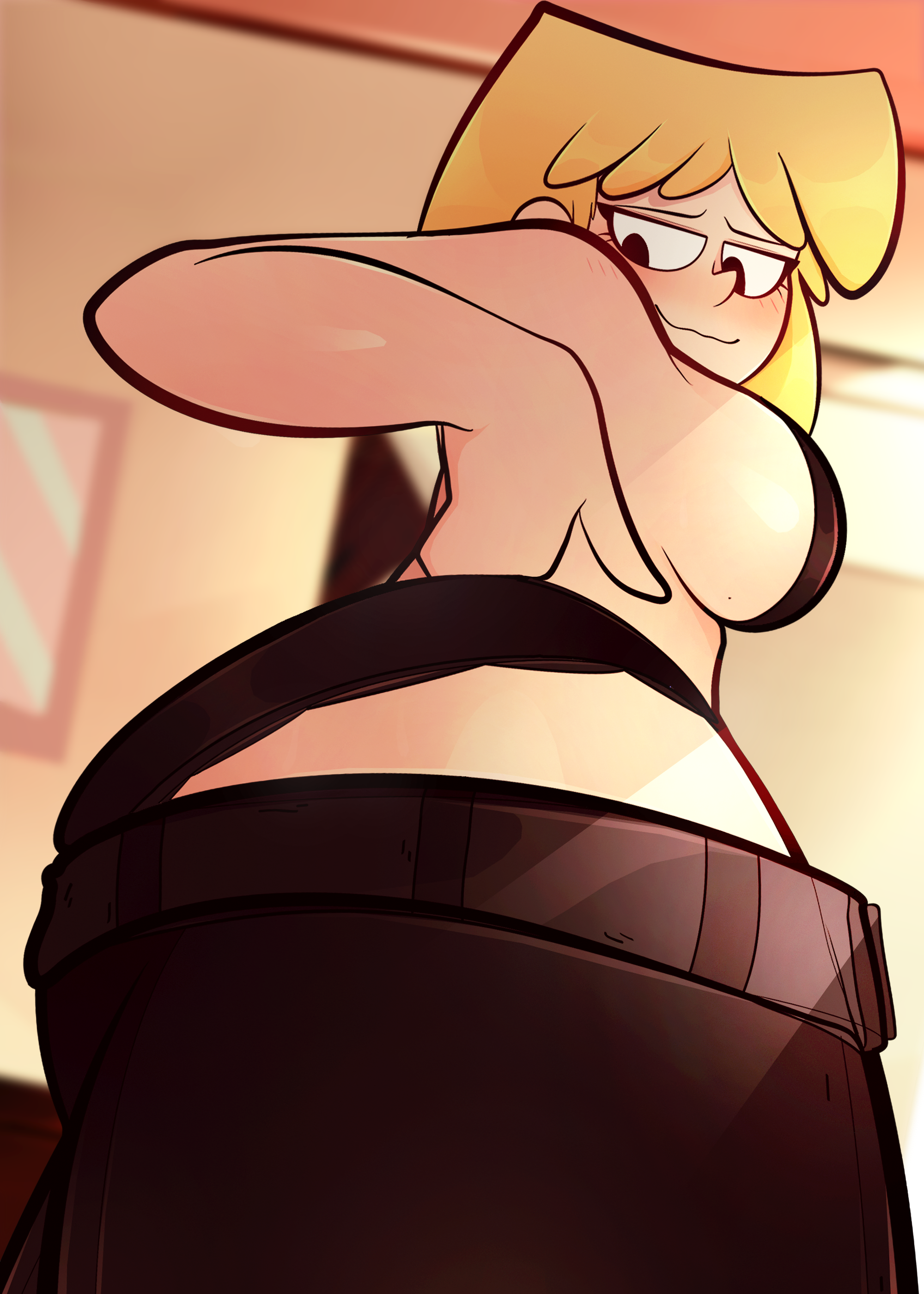 1girls, artist request, ass, ass too big, big ass, big ass (female), big breasts, black eyes, black panties, blonde hair, blush, bra, busty, female, female only, from below, half-closed eyes, hi res, inconvenient ass, large breasts, looking at own ass, looking at own butt, looking at viewer, looking back, lori loud, nickelodeon, pants, pants pull, pose, posing, putting on pants, putting pants on, sensual, sexy, short hair, sideboob, smile, solo, the loud house, tight clothes, tight clothing, tight fit, tight pants, voluptuous