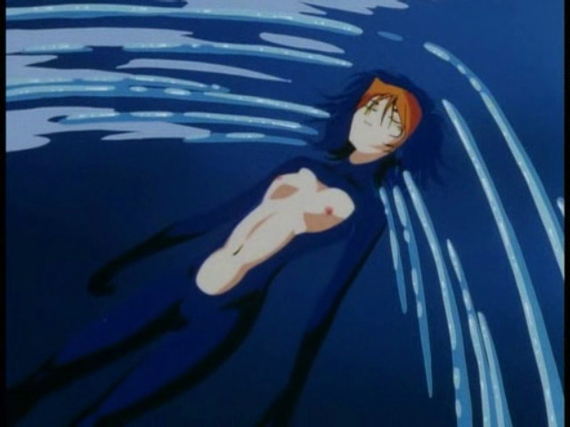 1girls 90s breasts closed_eyes female gundam gundam_08th_ms_team human kiki_rosita light-skinned_female light_skin nipples nude orange_hair screencap short_hair solo swimming water