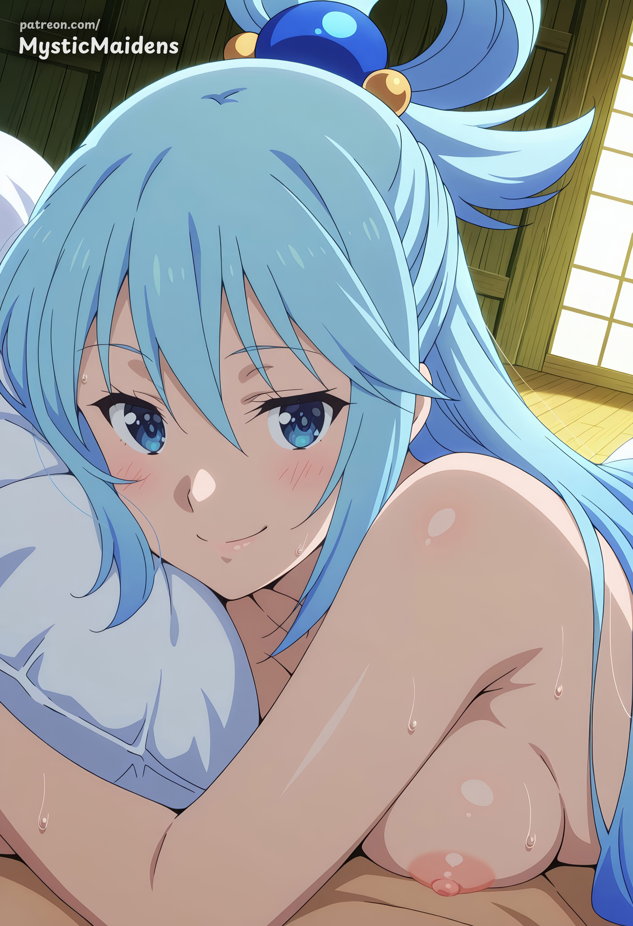 ai generated, anime, anime style, aqua (konosuba), artist name, blue eyes, blue hair, blush, breasts, closed mouth, completely nude, female, hair between eyes, hair ornament, hair rings, hentai, hi res, indoors, kono subarashii sekai ni shukufuku wo!, konosuba, large breasts, long hair, looking at viewer, lying, medium breasts, mystic maidens, nipples, nude, on stomach, patreon, patreon username, pillow, smile, solo, sweat