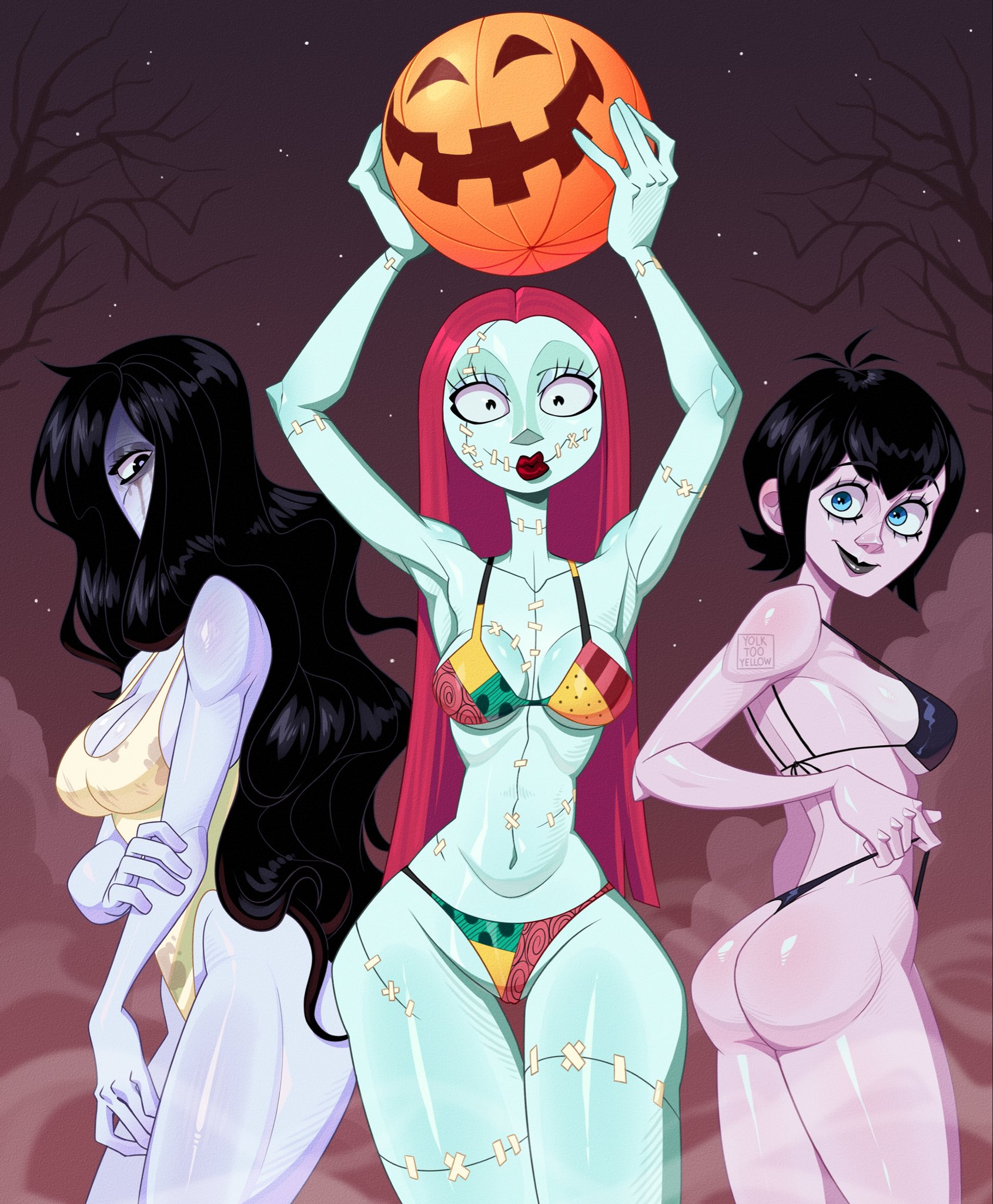 3girls, armpits, ass, bare shoulders, bikini, black hair, black lipstick, blue eyes, bodysuit, breasts, crossover, eastern and western character, female, green body, hair over one eye, holding object, hotel transylvania, long hair, looking at viewer, mavis dracula, pulling panties, red hair, red lipstick, sadako yamamura, sally (the nightmare before christmas), short hair, side view, stitches, tagme, the nightmare before christmas, the ring, thick thighs, vampire, vampire girl, voluptuous, wide hips, yamamura sadako, yolktooyellow