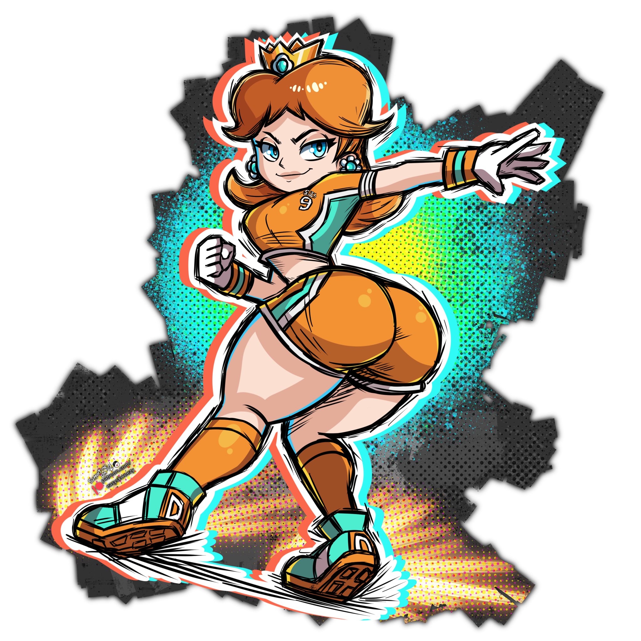 1girls, absurd res, absurd resolution, absurdres, accurate art style, ass, ass focus, athletic, athletic female, big butt, big penis, blue eyes, breasts, brown hair, crown, earrings, easyskweezy, female, female focus, female only, flower earrings, gloves, goes hard, hi res, high resolution, highres, large ass, light skin, light-skinned female, mario (series), mario strikers, nintendo, princess daisy, shorts, smile, smiling, solo, solo female, solo focus, super mario strikers, tagme, thick thighs, thighs, white gloves