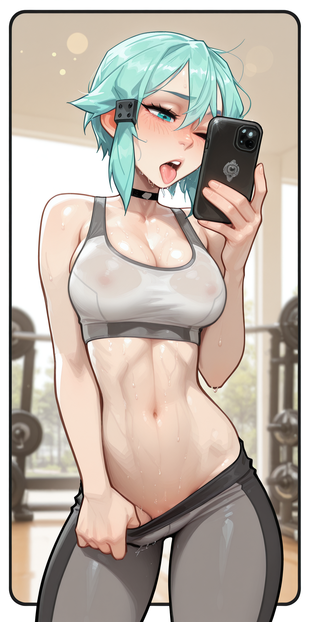 1girls, ai generated, aqua eyes, aqua hair, blush, choker, exposed skin, groin, gym, holding phone, indoors, looking at phone, medium breasts, midriff, molamaxuy, navel, one eye closed, open mouth, perfect body, playful, pubis, pulling pants down, sexy, short hair, sidelocks, sinon, solo, sports bra, standing, suggestive, sweat, sword art online, tongue out, yoga pants