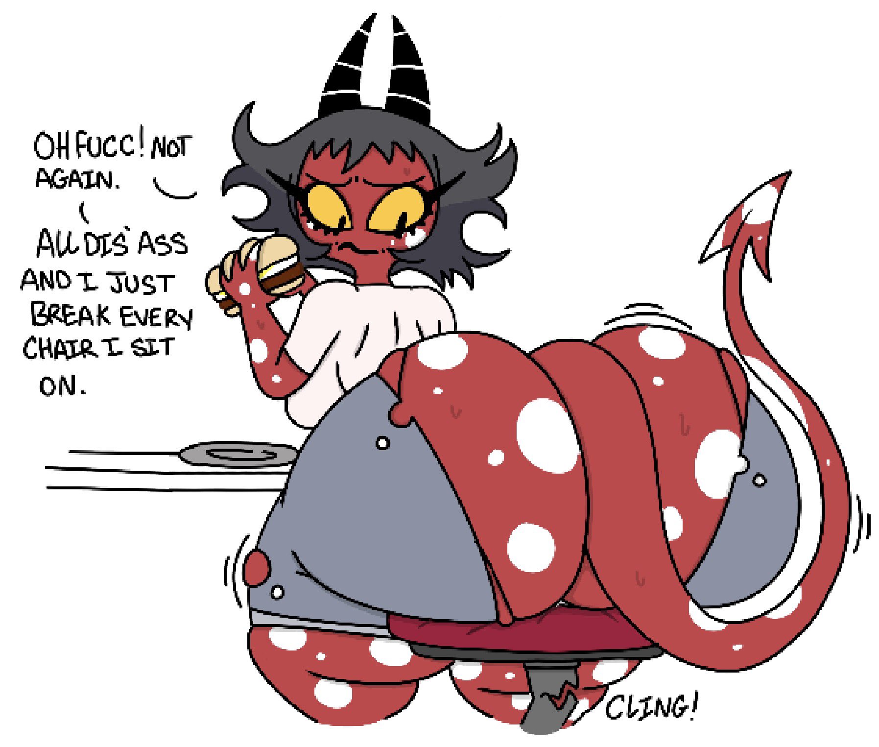 1girls, 1milf, 2025, 2d, 2d (artwork), 2d artwork, ass, big ass, black hair, breasts, burger, demon, demon girl, demon horns, demon milf, dialog, dialogue, digital art, digital drawing (artwork), digital media (artwork), fat ass, female, food, hellaverse, helluva boss, imp, lin (helluva boss), looking back, mature, mature female, milf, mother, red skin, ripped clothing, ripped pants, solo, tagme, text, theslashfive, vivienne medrano, vivziepop
