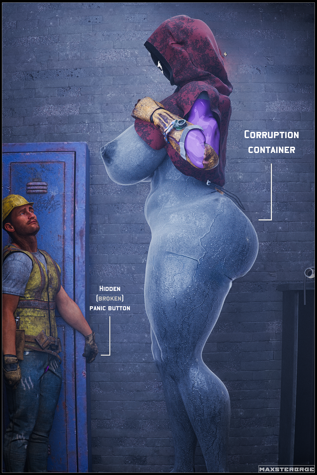 3d, 3d (artwork), ass, ass focus, big ass, big breasts, big butt, big girl, breasts, evil container, hoodie, inminent sex, looking at another, maxsterbrge, meme, monster, monster girl, original character, robot, robot girl, side view, size difference, smaller male, sweat, sweatdrop, taller female, thick thighs