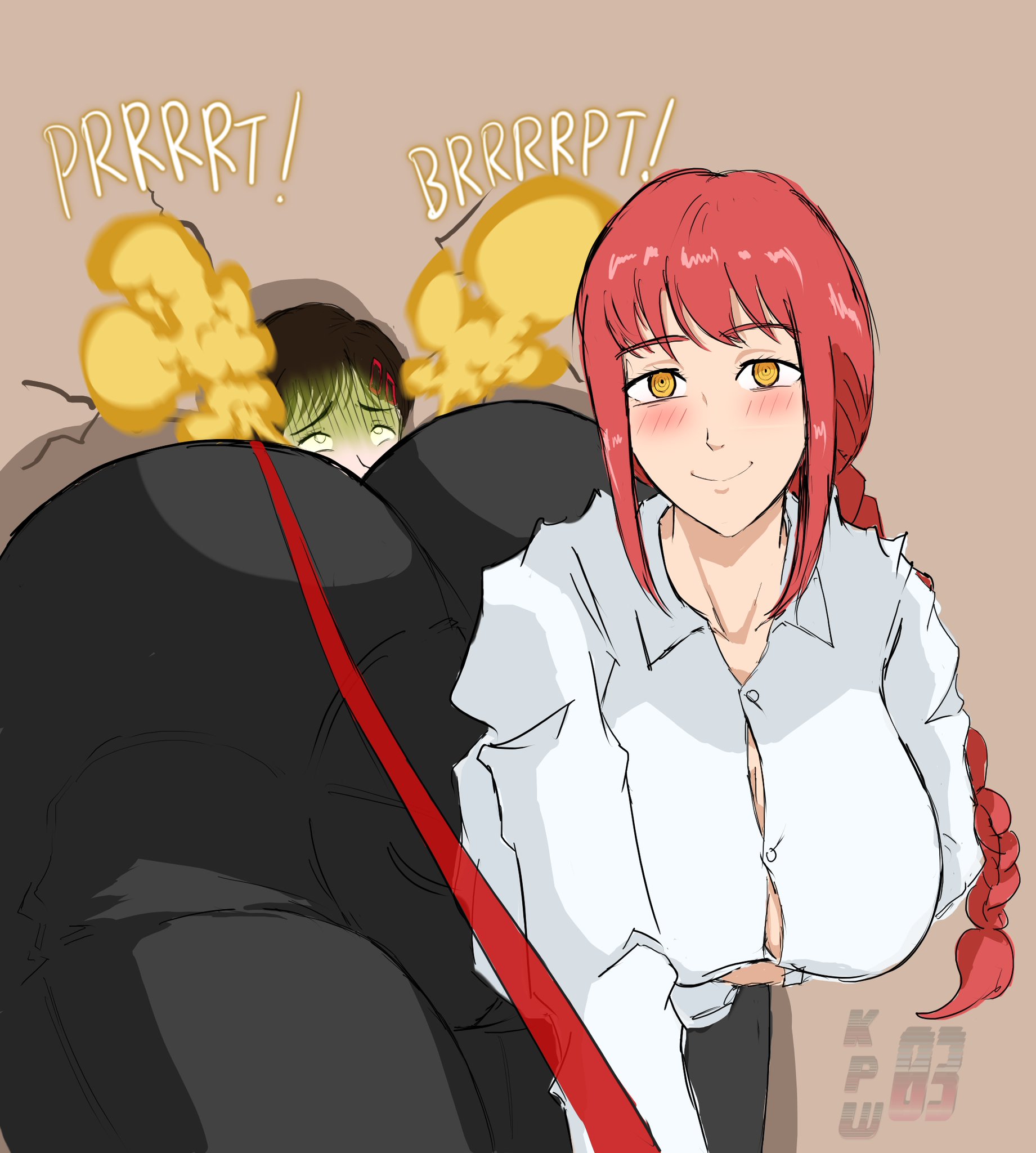 ass, big ass, chainsaw man, face in ass, fart, fart fetish, farting, higashiyama kobeni, hyper ass, kobeni higashiyama, leash, makima (chainsaw man), makima fart inflation, meme, redraw, source request, tagme, yuri