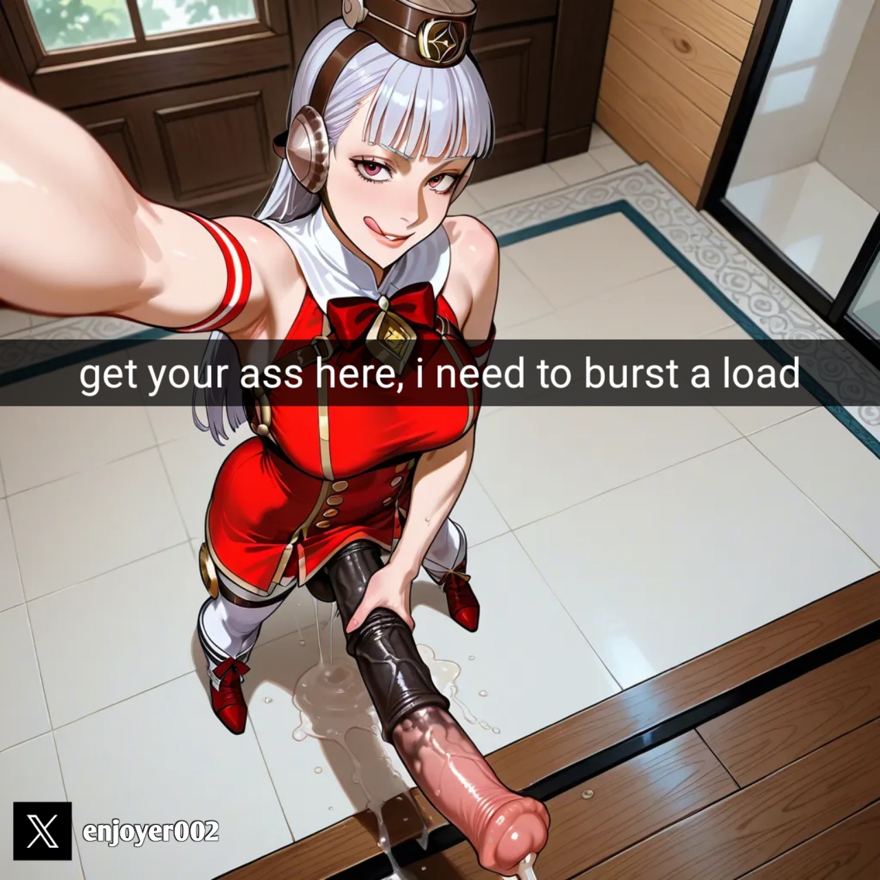 ai, ai generated, balls, big balls, big breasts, big testicles, breasts, brown headwear, clothed, clothed futa, clothing, cock, cum, cum on floor, cum puddle, day, english text, equine, futa only, futanari, gold ship (umamusume), headwear, hips, horny, horse, huge cock, huge penis, indoors, intersex, licking lips, light skin, light-skinned futa, long hair, long penis, penis, purple eyes, red clothing, selfie, snapchat, solo, solo futa, testicles, text, thighs, tongue, tongue out, umamusume, umamusume pretty derby, white clothing, white hair