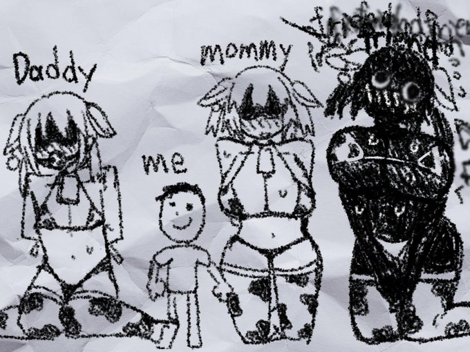 1girls, 1other, 2boys, ambiguous gender, ball gag, big breasts, bikini, blindfold, blindfolded, blush, bondage, breasts, cleavage, couple, cow print, cow print bikini, cow print thighhighs, cowbell collar, daddy (nakineiriko), daddy me mommy friend (meme), drawing, english text, father, female, femboy, friend, friend (nakineiriko), funny, horror, huge breasts, humor, husband and wife, imaginary friend, large breasts, male, mature female, me (nakineiriko), milf, mommy (nakineiriko), monochrome, mother, nakineiriko, original, original character, rough sketch, sketch, smile, steam, steamy breath, string bikini, sweat, text, top heavy, wide hips, wife and husband