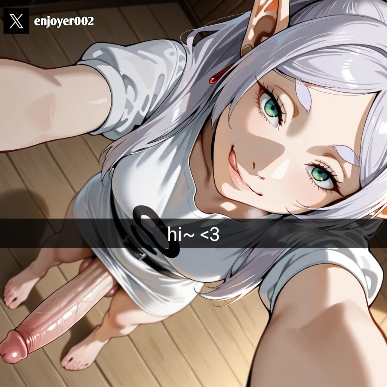 ai generated, big penis, erection, frieren, frieren beyond journey's end, futanari, licking penis, long penis, looking at viewer, selfie, snapchat, text