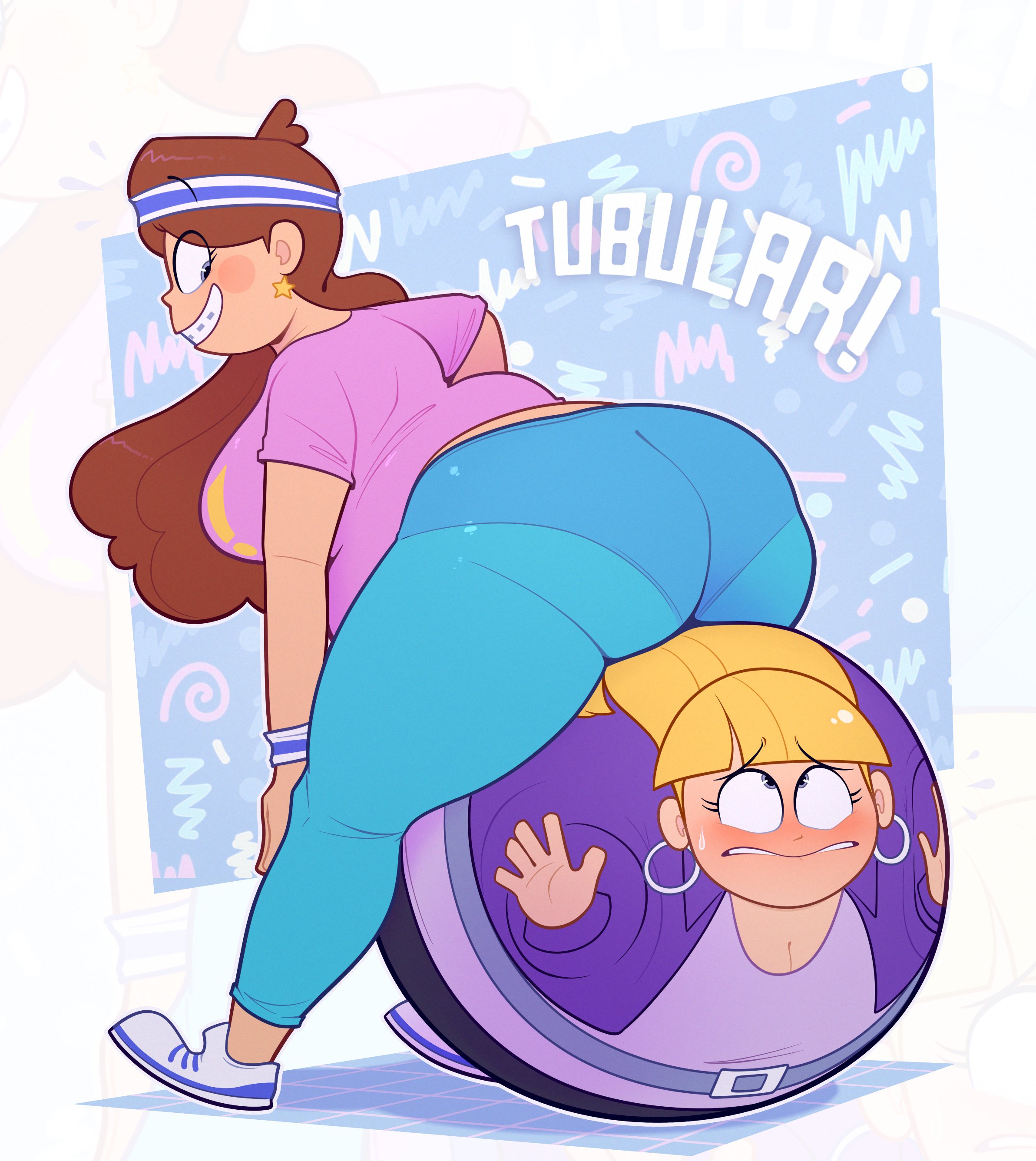 2d, 2d (artwork), 2d artwork, 2girls, 90's theme, aged up, ball (object) transformation, ball transformation, bounce, bouncing, breasts, exercise, exercising, female, female focus, female only, gravity falls, huge ass, huge breasts, inanimate transformation, mabel pines, pacifica northwest, ridiculouscake, sit to pop, sweatband, thick thighs, transformation, underwear outline, wide hips, yoga ball