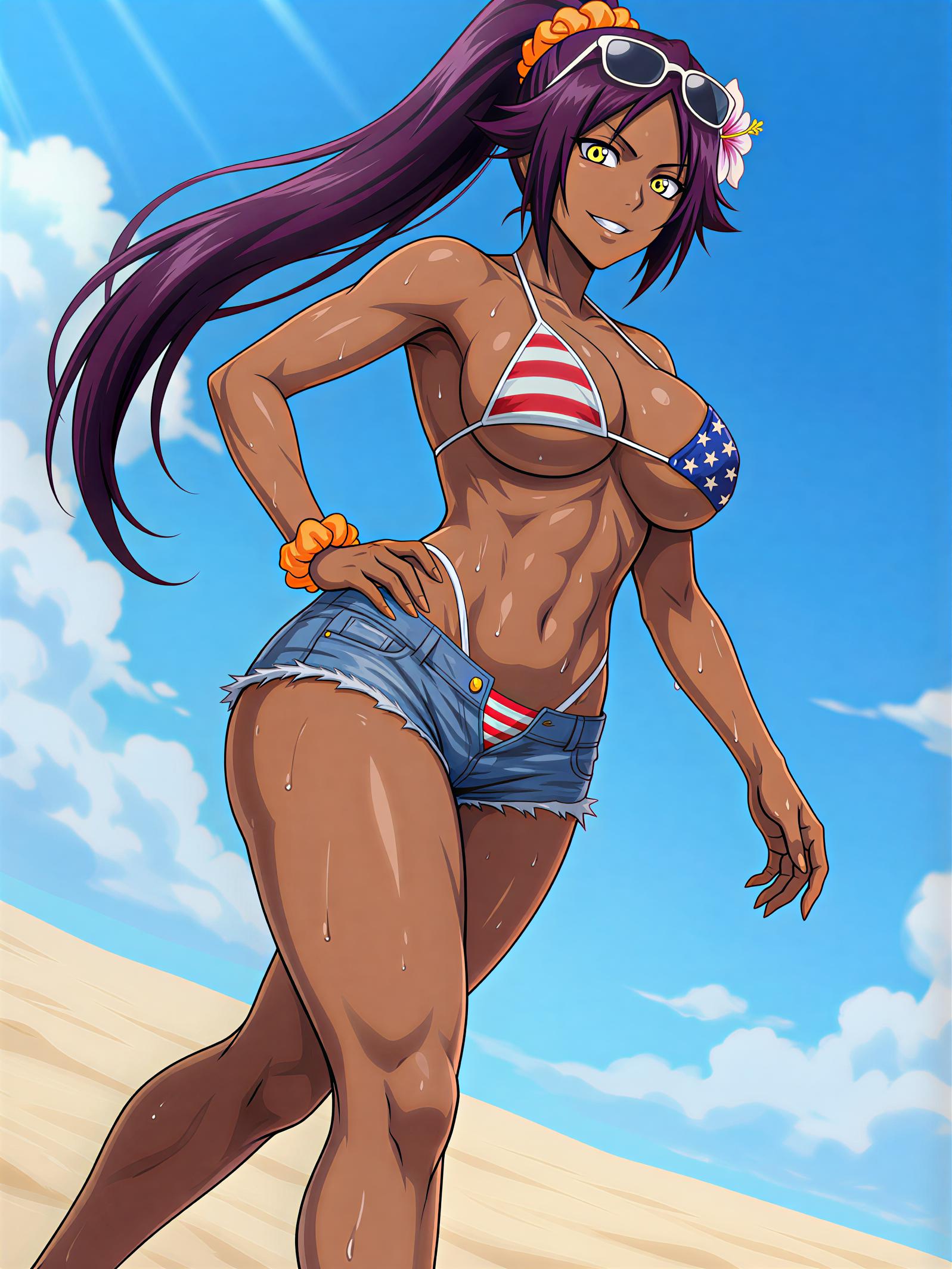 1girls, 4k, 4k resolution, 8k, absurd res, absurd resolution, absurdres, ai generated, american flag bikini, athletic, athletic female, beach, bikini, bleach, dark skin, dark skinned female, female, female focus, fit, fit female, flower, flower in hair, flower on head, glasses, hand on hip, hi res, high quality, high resolution, highres, long hair, looking at viewer, mildlyflirty, outdoors, outside, ponytail, purple hair, shihouin yoruichi, smile, smiling, solo, solo female, solo focus, sunglasses, sunglasses on head, tagme, toned, toned body, toned female, underboob, upscaled, yellow eyes, yoruichi shihouin
