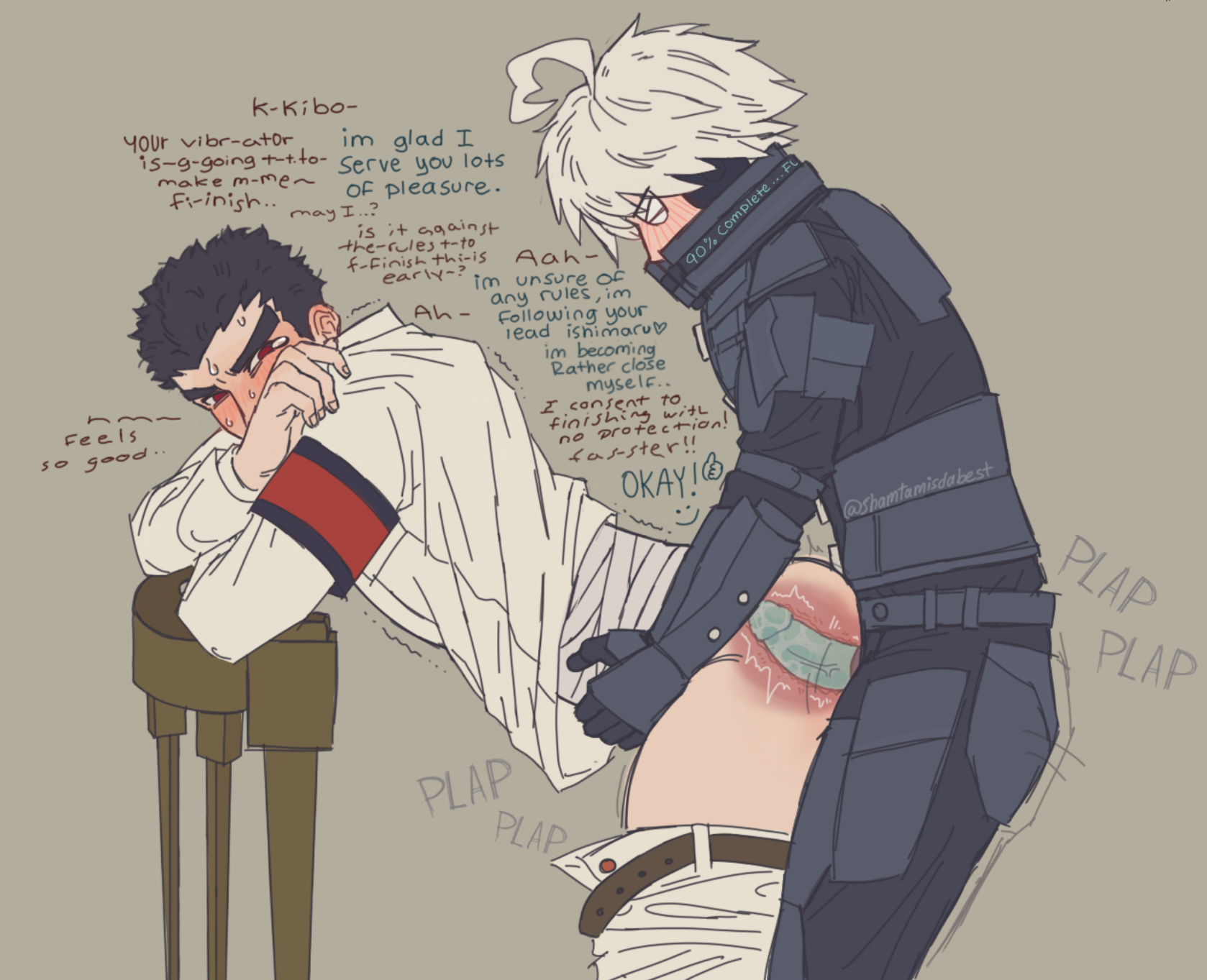 bent over, blue penis, blush, blushing, consensual, danganronpa, danganronpa v3, danganronpa: trigger happy havoc, doggy style, gay, k1-b0, keebo, kiibo, kiyotaka ishimaru, male/male, robot, robot humanoid, shamtam, speech, text, thick thighs, xray view