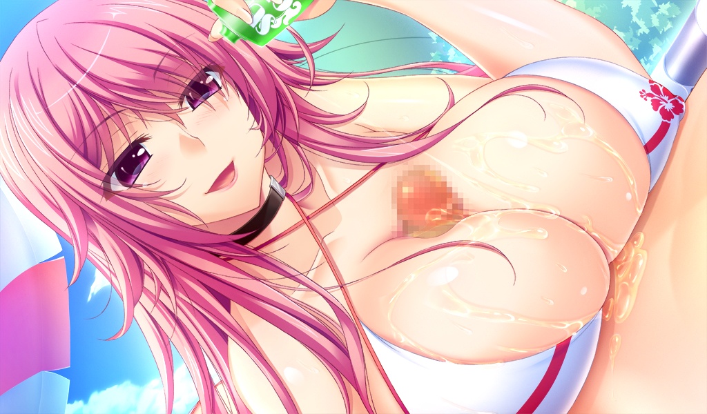 atelier_kaguya bikini blush breasts censored choco_chip esumi_mei female game_cg highres huge_breasts long_hair looking_down lotion lying namaiki_~kissuisou_e_youkoso!~ open_mouth paizuri parasol penis pink_eyes pink_hair sky smile swimsuit