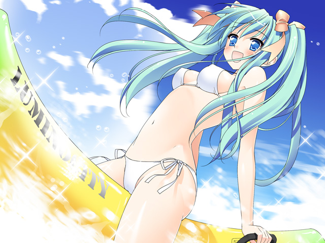 banana_boat bikini blue_eyes cloud girl_on_banana hair_ribbon long_hair mizugi original peko ribbon side-tie_bikini sky swimsuit tied_hair twintails