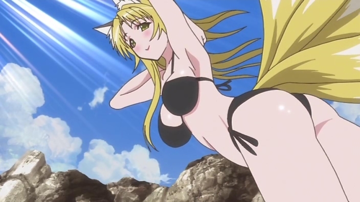 animal_ears animal_tail armpits arms_up ass bikini blonde_hair cap fox_ears fox_tail kanokon long_hair mature_female minamoto_tamamori mizugi monster_girl mother no_nose screencap screenshot side-tie_bikini swimsuit tail tamamo yellow_eyes