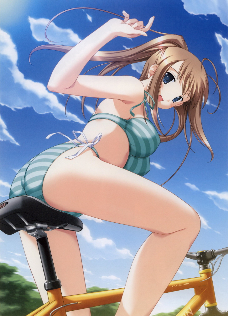 1girls alto_(visual_novel) antenna_hair ass bicycle bikini blue_eyes blush breasts brown_hair cloud erect_nipples from_below hybrid_bicycle iwasaki_kouji large_breasts legs long_hair looking_down mizugi oppai outdoors ponytail side-tie_bikini sky solo striped striped_bikini striped_swimsuit swimsuit tachibana_megumi tied_hair twintails