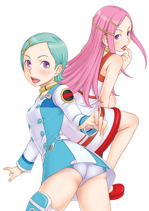 2girls anemone_(eureka_seven) aqua_hair ass blush choker collar dress eureka eureka_seven eureka_seven_(series) face female female_only ha-ru hair_ornament hairclip multiple_girls panchira panties pantyshot pink_hair purple_eyes simple_background teal_hair thigh_strap tongue underwear upskirt white_background white_panties