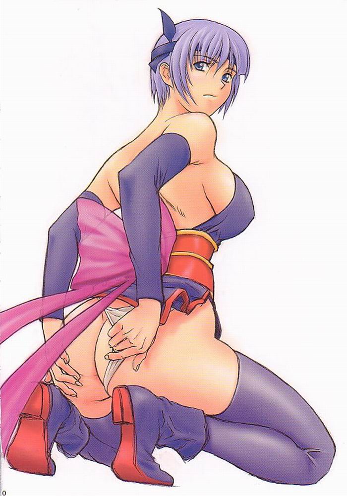 1girls artbook ass ayane_(doa) blue_eyess boots breasts dead_or_alive headband large_breasts momoi_nanabei ninja panties panty_pull purple_hair scan short_hair sideboob solo thighhighs thong underwear