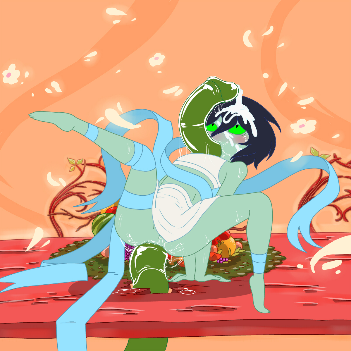 adventure time, all the way through, anal, blush, clothed, cum, cum in hair, cum on face, fruit witch, green sclera, huge cock, huge penis, long penis, male, on table, penis, ribbon, ribbon bondage, tagme, tentacle, whycantifindaname