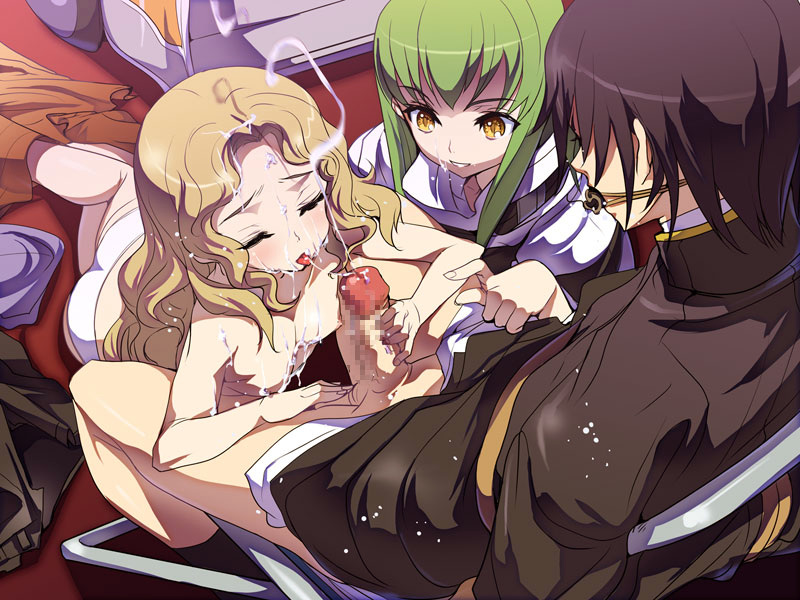 1boy 2girls blush bondage brother_and_sister c.c. censored closed_eyes code_geass cum cum_on_breasts cum_on_face cum_on_hair cum_shot cumshot ejaculation gag group_sex handjob incest lelouch_lamperouge lolita_channel malesub nunnally_lamperouge panties penis topless white_panties