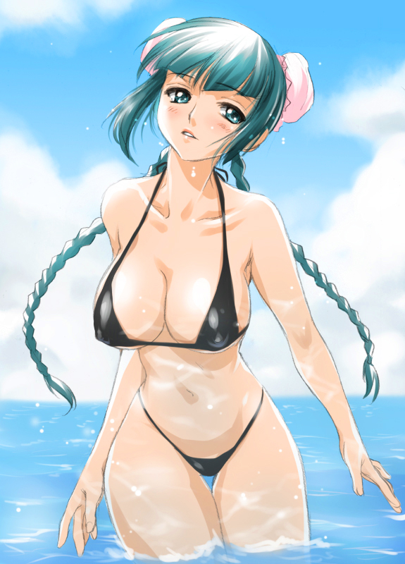 aqua_eyes aqua_hair bikini blue_eyes blush braid bun_cover curvy female gundam gundam_00 leaning_forward long_hair mitarashi_kousei payot solo swimsuit thick_thighs thigh_gap twin_braids wading wang_liu_mei water