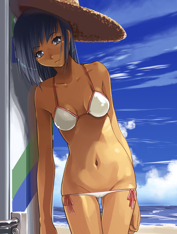 beach bikini hat lowleg lowleg_bikini lowleg_pantsu mizugi navel original panties side-tie_bikini skindentation sky straw_hat swimsuit thigh_gap