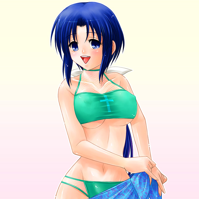 bikini blue_eyes blue_hair blush ciel ciel_(tsukihime) glasses megane mizugi recolor sarong short_hair solo swimsuit tsukihime type-moon