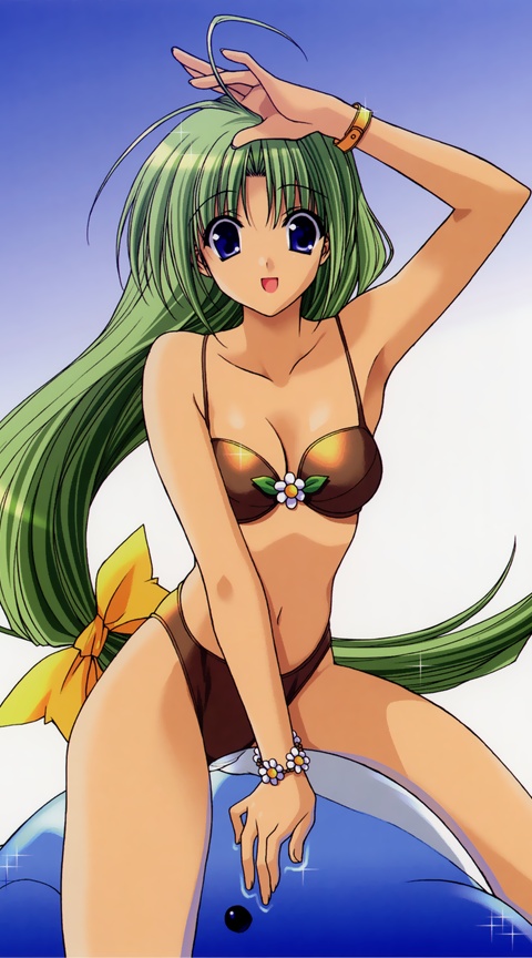 blue_eyes bracelet copyright_request dark_skin dolphin green_hair hair inflatable_raft jewelry long_hair mizugi suzuhira_hiro swimsuit