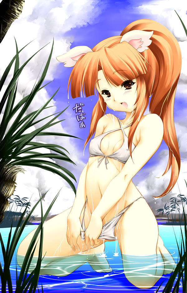 bikini bikini_pull brown_eyes fushigiboshi_no_futago_hime hamuhamu kemonomimi kneeling leonne mizugi panties panty_pull red_hair swimsuit tied_hair twintails underwear water wet