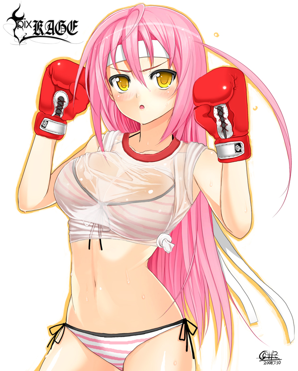 1girls bikini blush boxing boxing_gloves breasts char face female female_only gloves headband large_breasts light-skinned_female light_skin long_hair looking_at_viewer mizugi original pink_hair red_boxing_gloves red_gloves see-through side-tie_bikini solo striped striped_bikini striped_swimsuit sweat swimsuit tank_top wet yellow_eyes