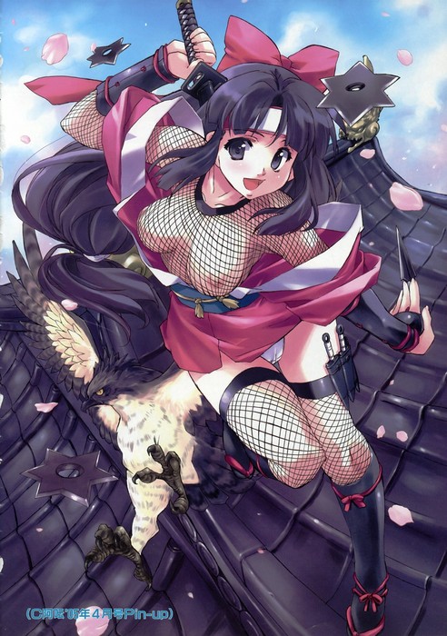 1girls bangs bird blunt_bangs bow breasts cameltoe cherry_blossoms clothing color female female_only fishnet_legwear fishnet_stockings fishnets hairbow hawk headband japanese_clothes katana kimono kunai kurokote large_breasts long_hair low-tied_long_hair lowres matsumoto_noriyuki medium_breasts ninin_ga_shinobuden ninja off_shoulder onsokumaru open_clothes open_shirt panties pantyshot petals ponytail purple_eyes purple_hair rooftop shinobu_(ninin_ga_shinobuden) shirt short_kimono shuriken smile solo stockings sword thigh_gap thighhighs tied_hair underwear very_long_hair watermark weapon