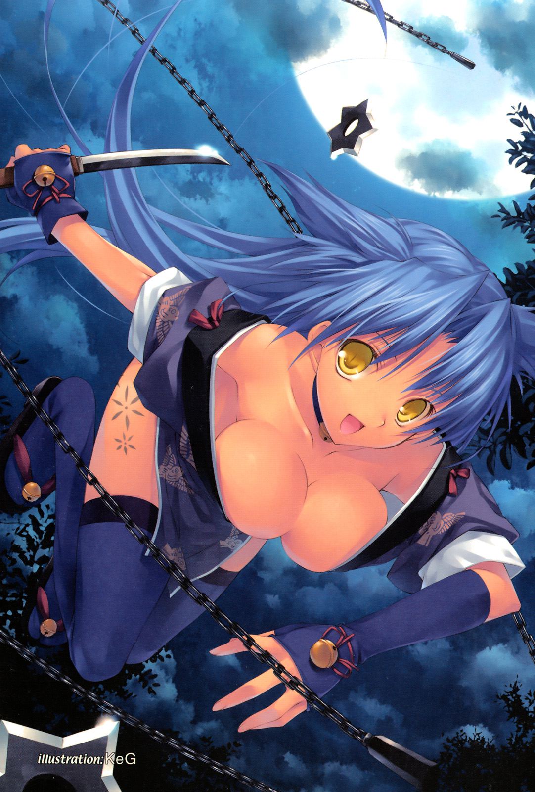 breasts cleavage clothing highres keg large_breasts long_hair moon ninja rance_(series) reverse_grip scan sengoku_rance stockings suzume_(rance) thighhighs weapon yellow_eyes