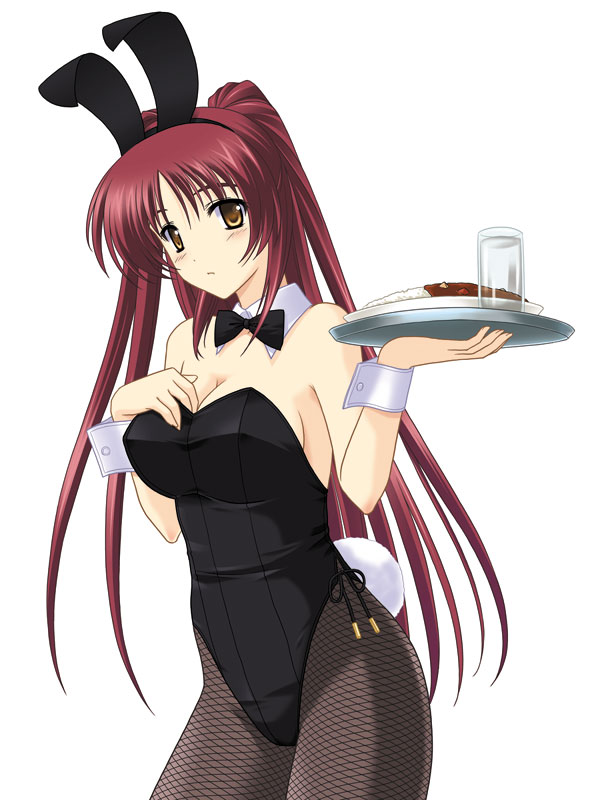 bare_shoulders breasts brown_eyes bunny_ear bunny_girl bunnysuit cleavage clothing cosplay glass kousaka_tamaki large_breasts long_hair pantyhose red_hair to_heart_(series) to_heart_2 tray usamimi waitress