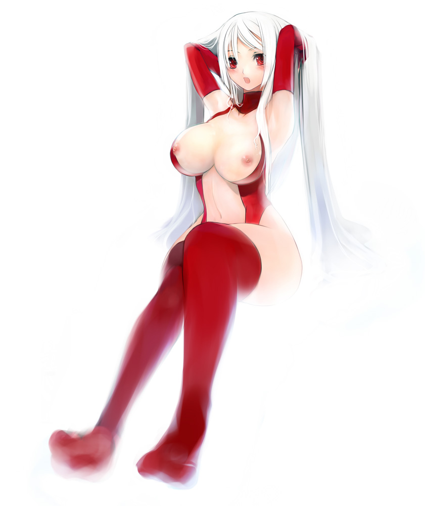 1girls breasts copyright_request curvaceous curvy female female_only large_breasts long_hair navel nipples oppai pupps red_eyes sitting solo thighhighs white_hair