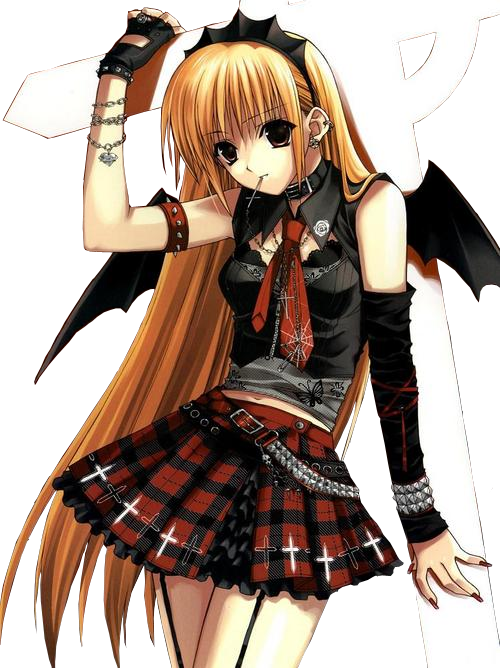 blonde_hair blue_eyes collar cross gothic long_hair miniskirt mouth_hold skirt suzuhira_hiro transparent_background wings