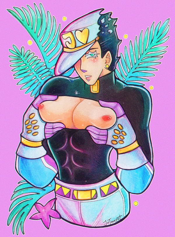 1boy alternate_version_available diamond_is_unbreakable dilf jojo's_bizarre_adventure jotaro_kujo looking_at_viewer male male_nipples male_only man_boobs solo stand_(jjba) star_platinum