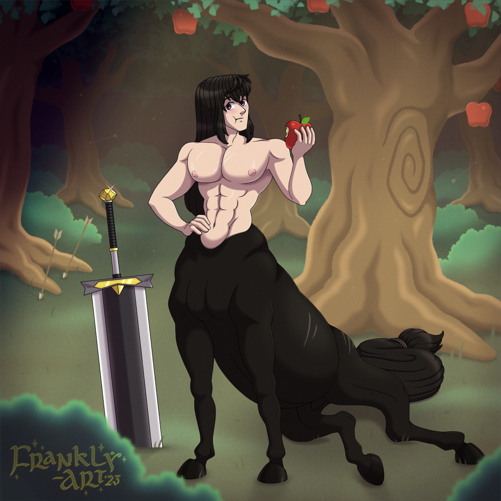 1:1 abs animal_genitalia apple apple_tree arrow_(weapon) arrows ass barely_visible_genitalia barely_visible_sheath black_body black_fur black_hair black_tail centaur eating eating_apple equid equid_taur equine equine_taur food forest frankly-art fruit fruit_tree fully_sheathed fur genitals glowing hair hand_on_hip hooves humanoid humanoid_taur knight leaf long_hair male male_centaur mammal mammal_taur muscular muscular_male muscular_taur navel nipples nude pecs plant presenting presenting_hindquarters purple_eyes ranged_weapon resting_hindquarters scar sheath shrub sitting sitting_centaur small_waist solo sword_in_ground tail taur tree waist warrior weapon