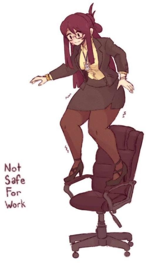 brown hair, chair, glasses, high heels, humor, joke, meme, name tag, no sex, pantyhose, sfw, shivering, simple background, standing, sweat, tagme, watch, white background, work uniform