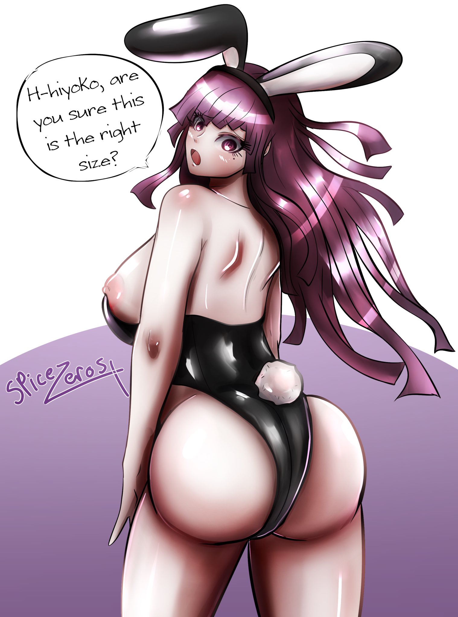 ass, behind view, breasts, bunny ears, bunny girl, bunny tail, bunnysuit, danganronpa, danganronpa 2: goodbye despair, dialogue, exposed breasts, female, female only, large ass, large breasts, skimpy clothes, spicezeros, straight hair, super danganronpa 2, thick ass, tight clothing, tsumiki mikan