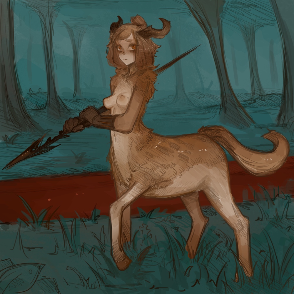 1:1 anthro bovid breasts brown_body brown_fur brown_hair caprine female fur hair hooves horn lance_(weapon) looking_at_viewer mammal melee_weapon multicolored_body multicolored_fur nipples nude orange_eyes polearm side_view solo syvaron taur two_tone_body two_tone_fur weapon