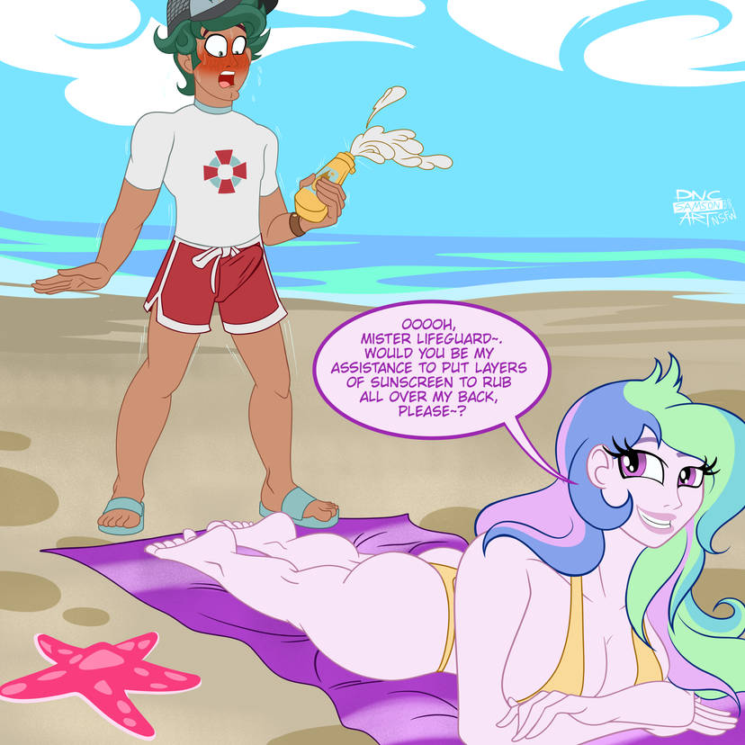 1boy 1girls ass bad_grammar barefoot beach beach_towel big_breasts bikini blush breasts dncsamsonart english_text equestria_girls erection erection_under_clothes feet female friendship_is_magic hasbro large_breasts lifeguard male malevolentsamsonnsfw mature_female my_little_pony open_mouth princess_celestia_(mlp) principal_celestia speech_bubble starfish sunscreen swimsuit text timber_spruce