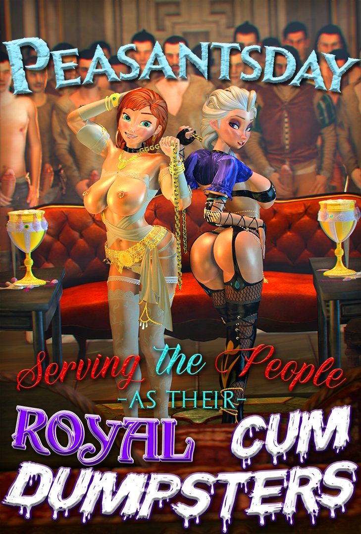 2girls 3d 6+boys anna_(frozen) ass breasts chain_leash collar cover_page cum_dumpster cumdump disney disney_princess elsa_(frozen) english_text frozen_(film) frozen_2 imminent_gangbang large_breasts large_penis leash leash_pull light-skinned_female lordaardvark nipple_piercing nipple_piercings nipple_rings nipples penis thighhighs