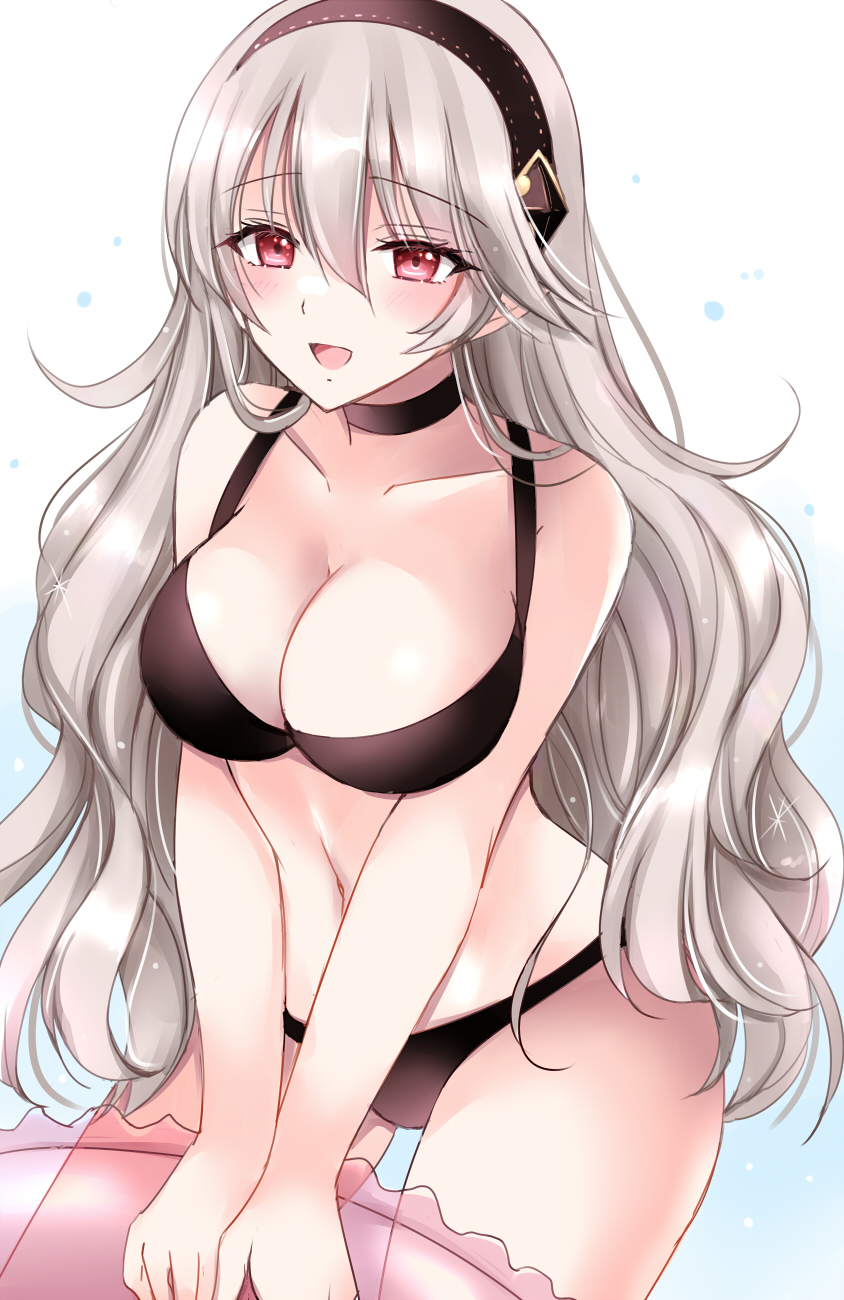 :d, 1girls, alternate costume, bikini, black bikini, black choker, black hairband, black swimsuit, breasts, choker, cleavage, commentary request, corrin (fire emblem), corrin (fire emblem) (female), cowboy shot, female, female only, fire emblem, fire emblem fates, grey hair, hairband, highres, kirishima riona, large breasts, long hair, looking at viewer, navel, nintendo, open mouth, pointy ears, red eyes, smile, solo, standing, stomach, swimsuit, thighs, very long hair