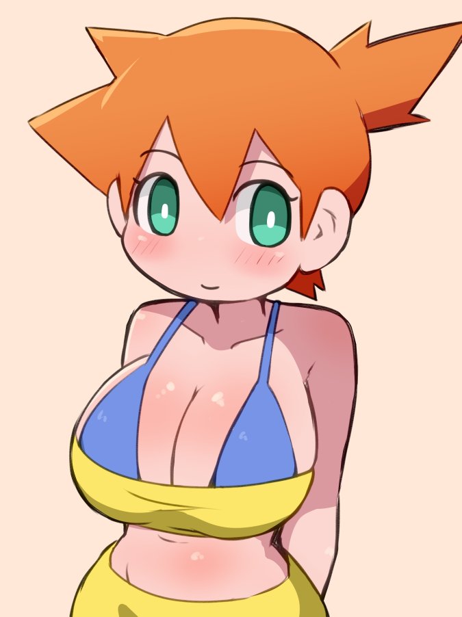 adapted_costume asymmetrical_hair bandeau bare_legs bikini blush breasts chibi_style cleavage covered_erect_nipples cowboy_shot creatures_(company) female game_freak green_eyes gym_leader highres huge_breasts kasumi_(pokemon) large_breasts legs looking_at_viewer makino_nono miyazero nintendo orange_hair pokemon pokemon_(anime) pokemon_(classic_anime) ponytail short_hair side_ponytail simple_background smile solo upper_body